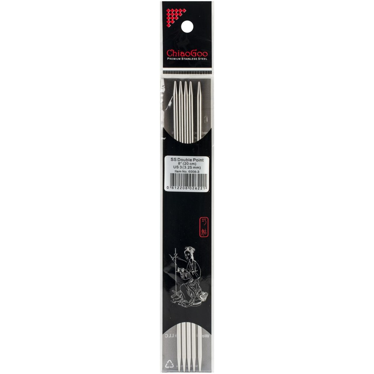 ChiaoGoo 8" Double Point Stainless Knitting Needles - Sizes US 1 - 11